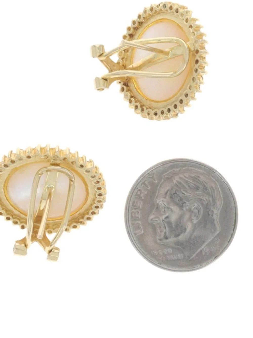 Yellow Gold Cultured Mabe Pearl Diamond Halo Stud Earrings 14k Rd .72ctw Pierced